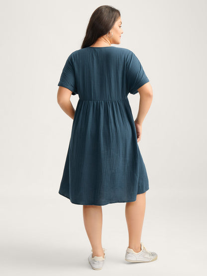 Pure Cotton Lace V-Neck Solid Midi Dress