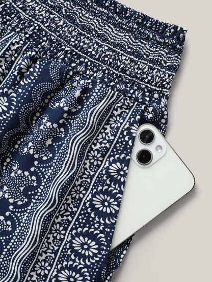 Boho Print Shirred Waist Wide-Leg Pants