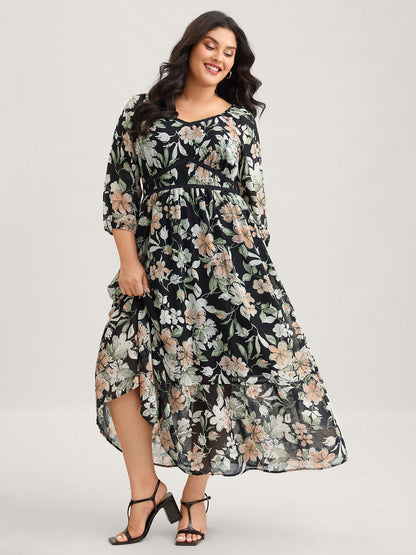 Floral Heart Neckline Woven Ribbon Gathered Dress