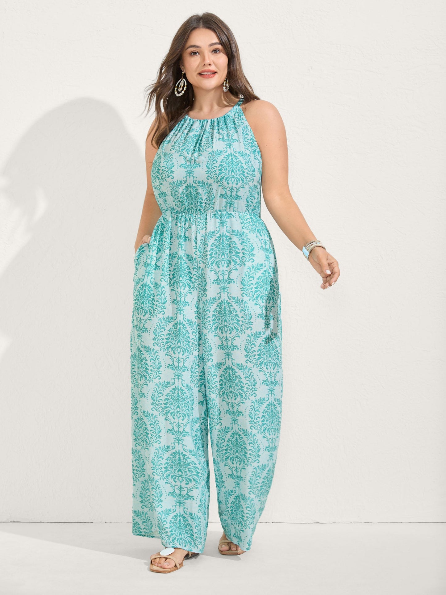 Rayon Damask Print Stretchy Waist Jumpsuit