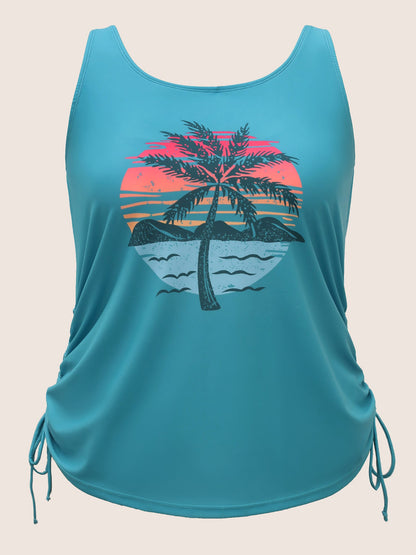 Island Print Drawstring Adjustable Swim Top
