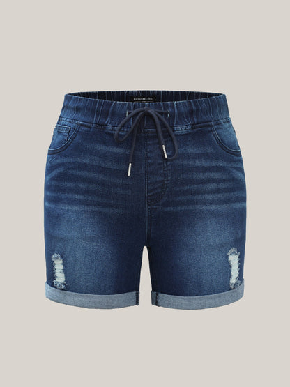 Distressed Drawstring Roll Hem Denim Shorts