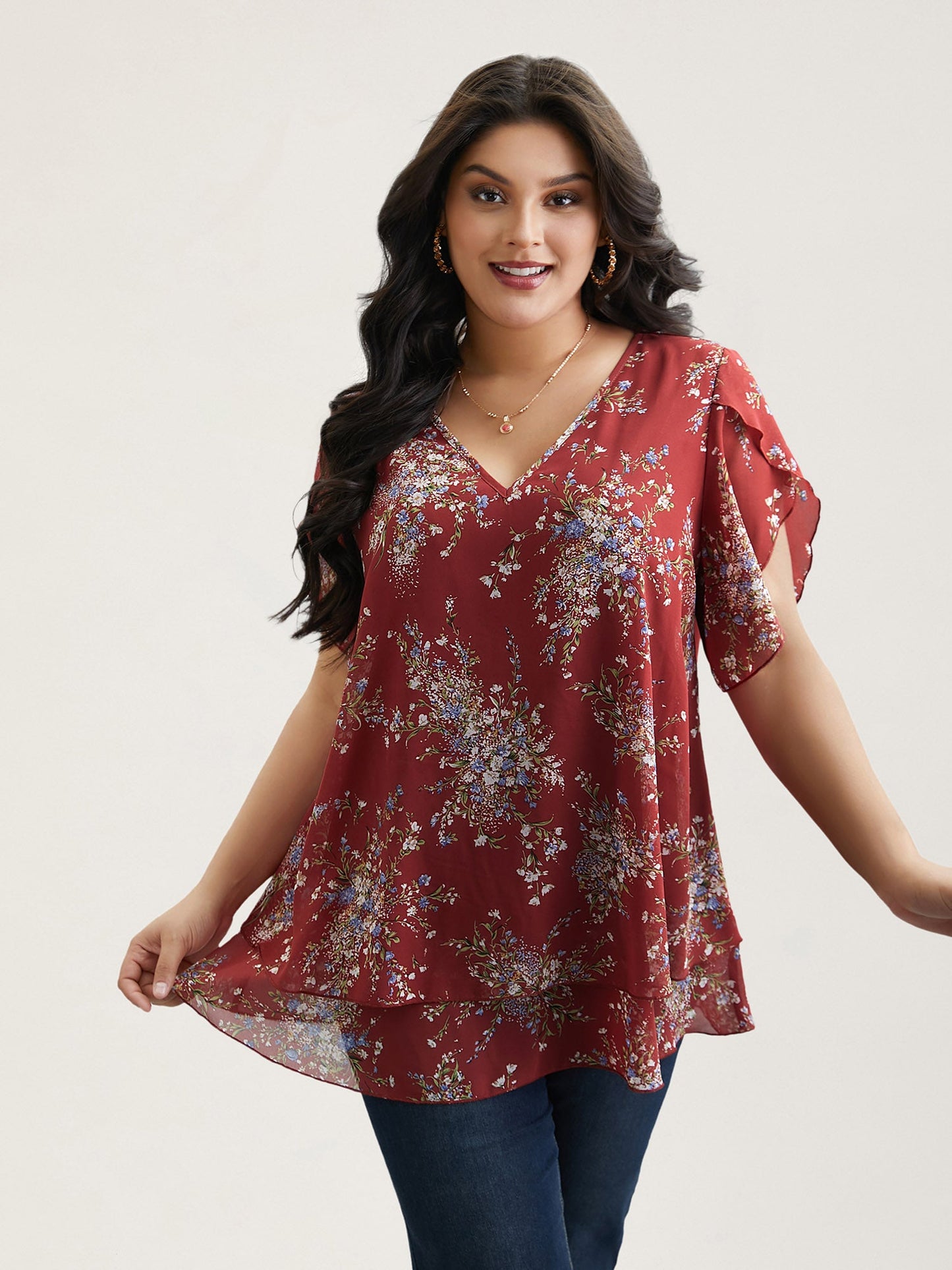 Floral Print Petal Sleeve Layered Blouse