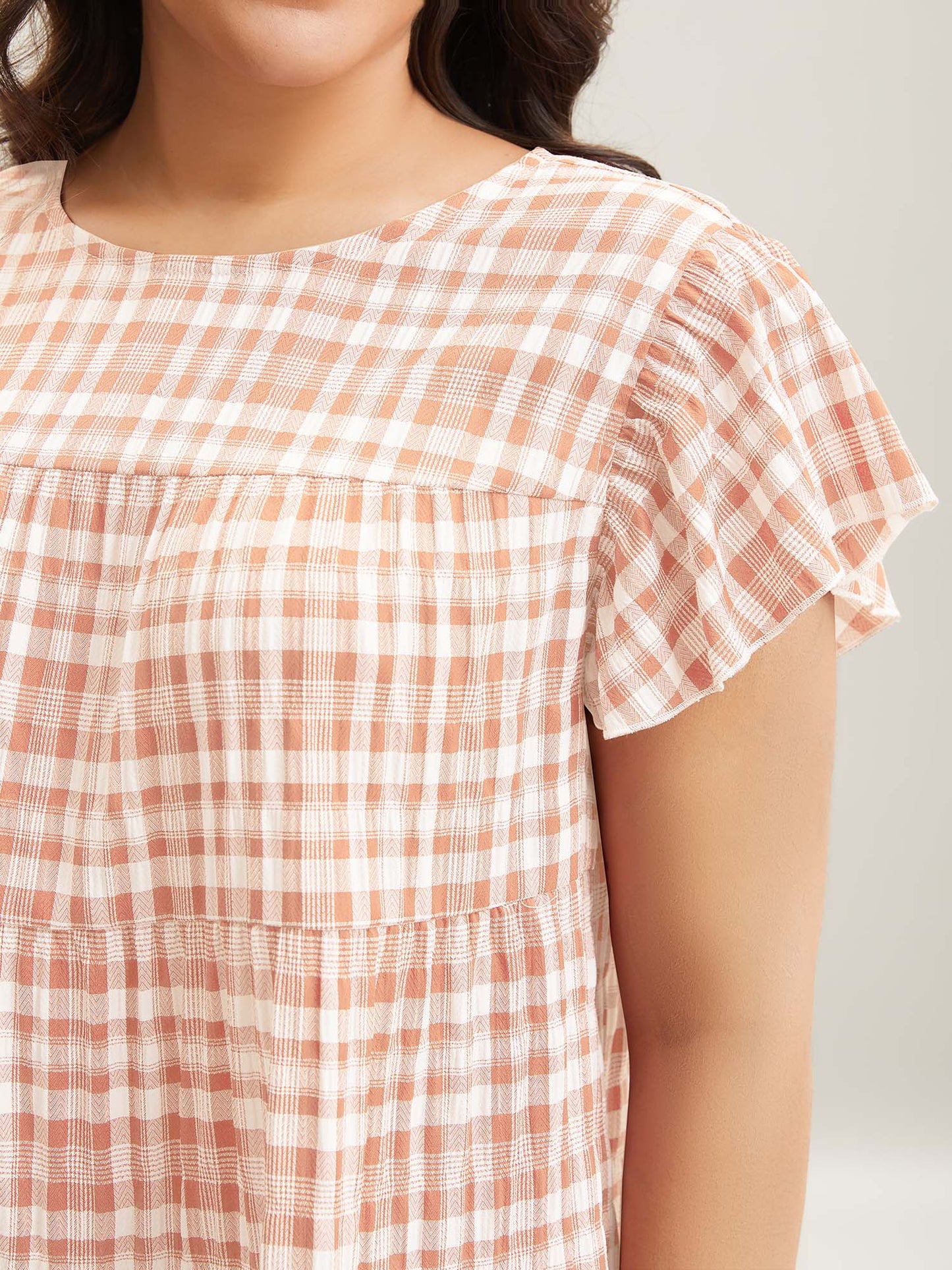 Plaid Print Textured Lotus Leaf Sleeve Shirt