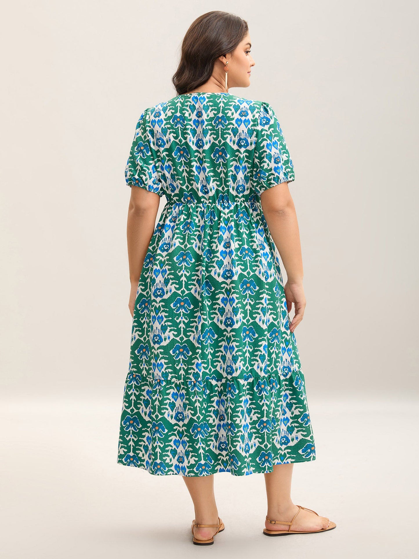 Boho Pattern Stretchy Waist Pockets Midi Dress