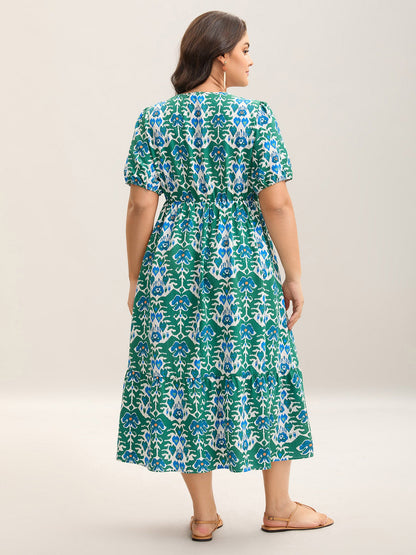 Boho Pattern Stretchy Waist Pockets Midi Dress