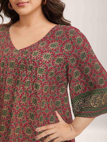 Pin-Tuck Pleat Ornate Print Relaxed Fit Shirt