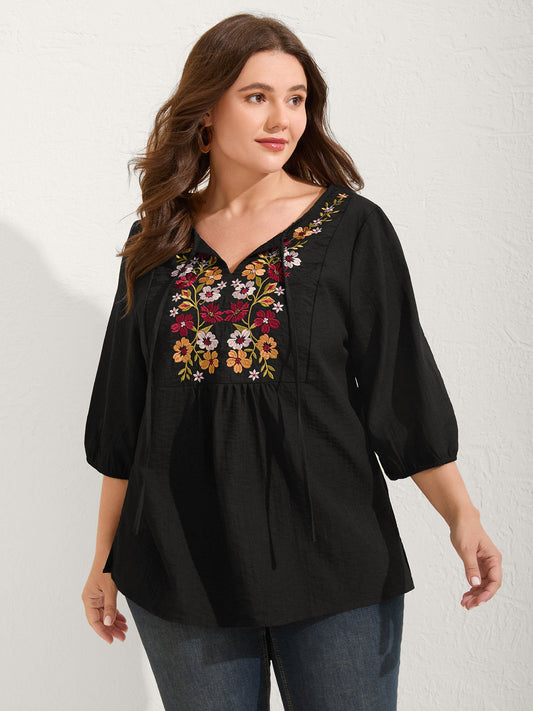 Floral Embroidered Tie Knot Lantern Sleeve Blouse