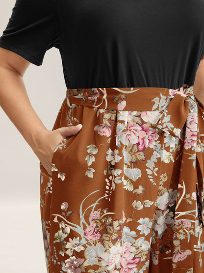 Color Contrast Belted Panel Pockets Jumpsuit