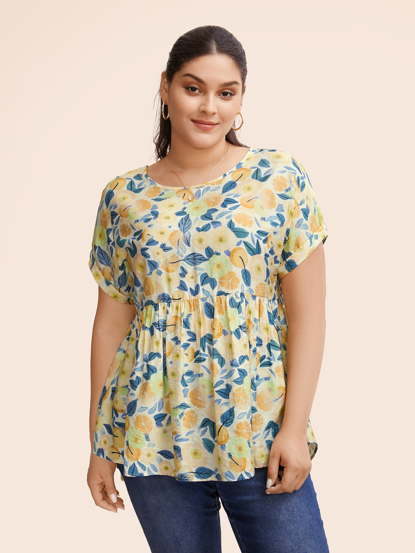 Fruit Print Curved Hem Batwing Sleeve Blouse