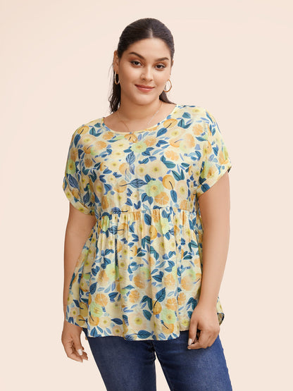 Fruit Print Curved Hem Batwing Sleeve Blouse