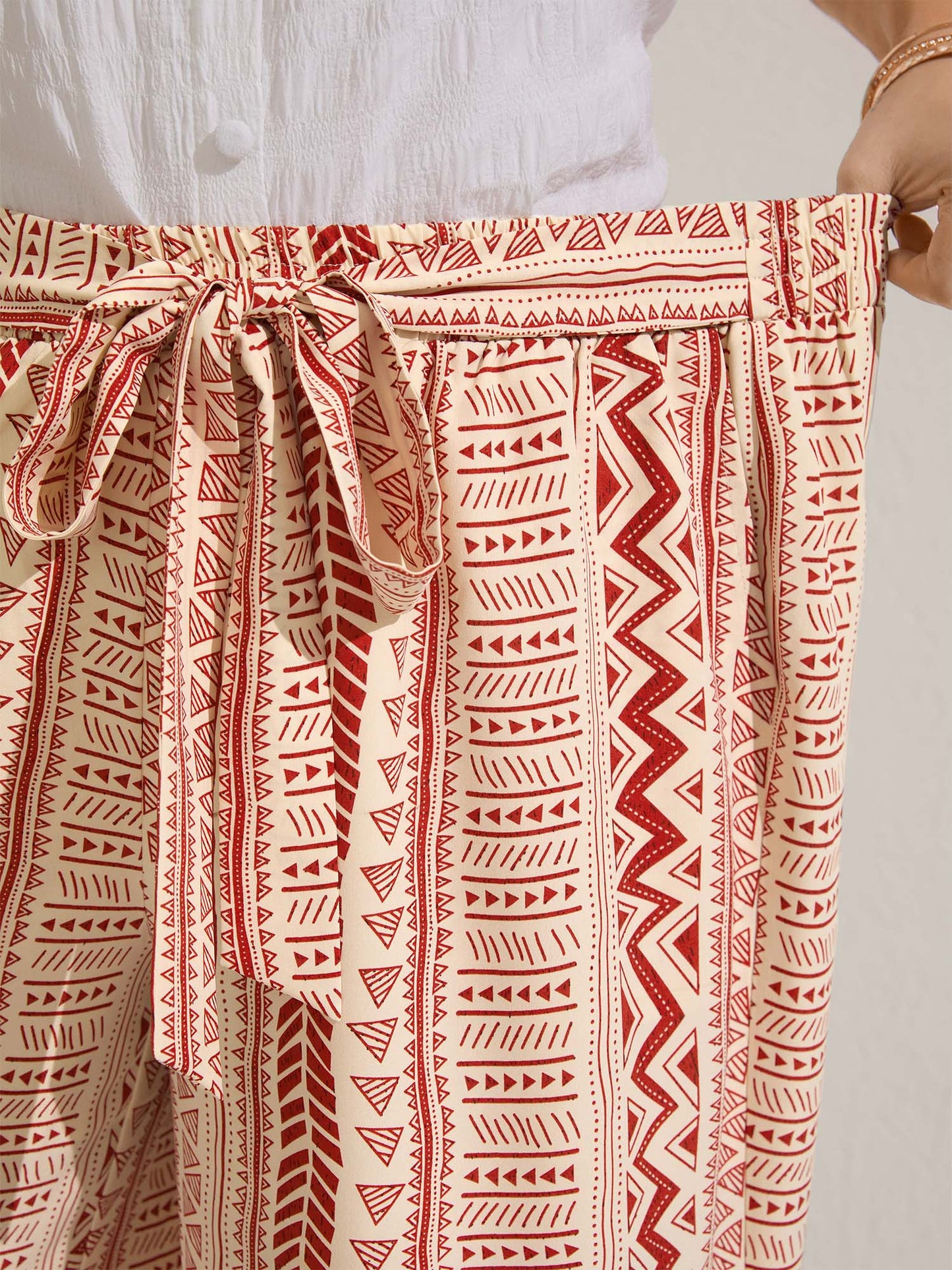 Waist-Tie Wide-Leg Boho Print Pants