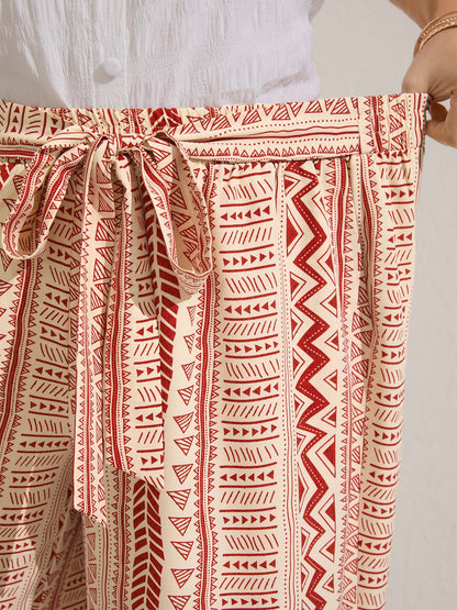 Waist-Tie Wide-Leg Boho Print Pants
