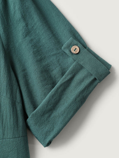 Pure Cotton Button Gathered Sleeve Midi Dress