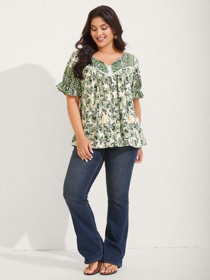 Boho Floral Print Neck Tassels Blouse