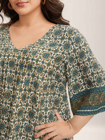 Pin-Tuck Pleat Ornate Print Relaxed Fit Shirt