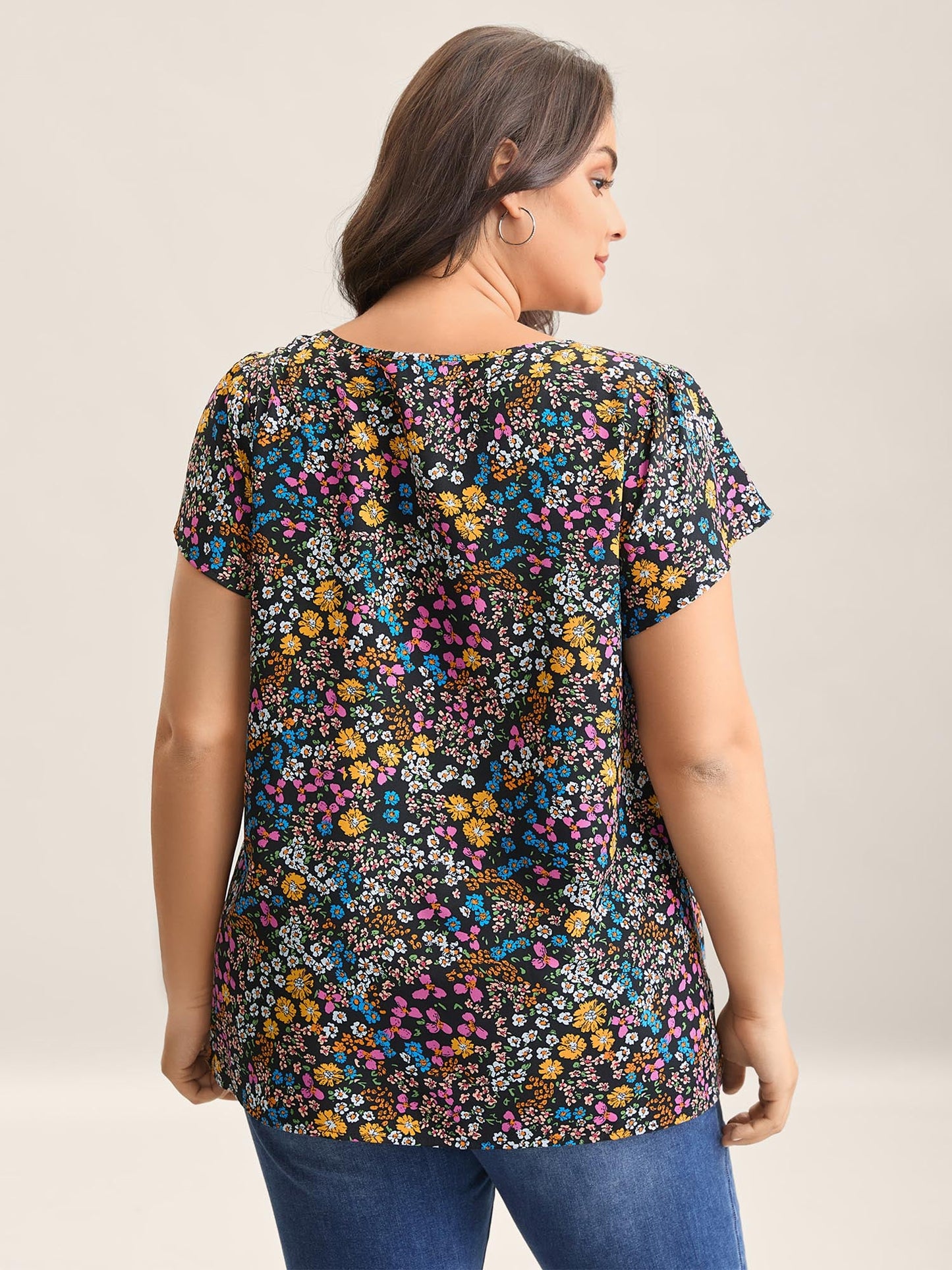 Multi-Color Floral Print Lace Spliced Blouse