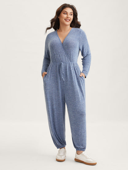 Elastic Waist Overlap Collar Lounge Jumpsuit
