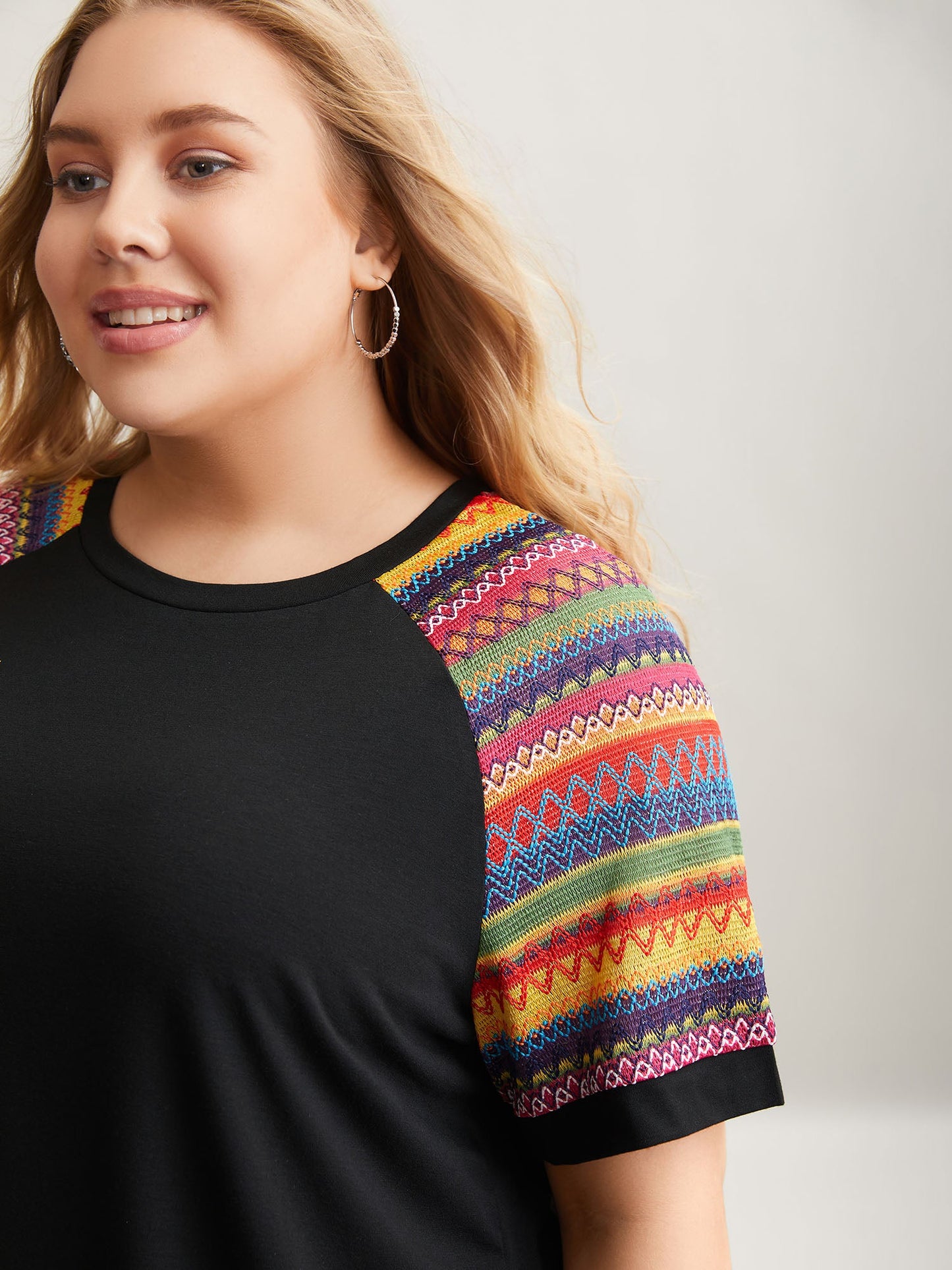 Multi-Color Striped Sleeve Spliced T-Shirt
