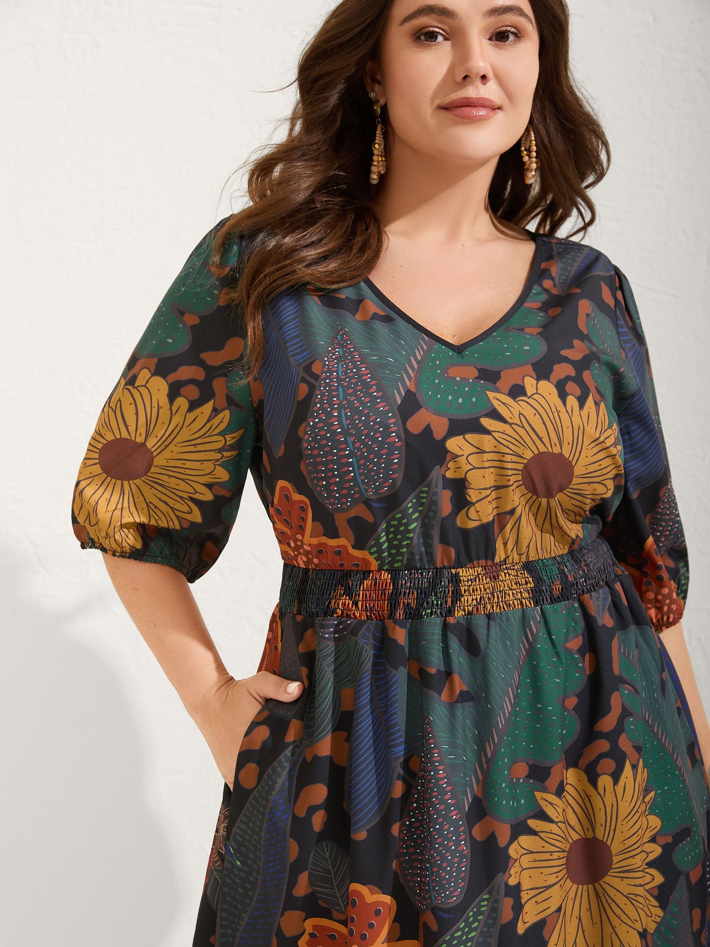 Floral Shirred Lantern Sleeve Midi Dress