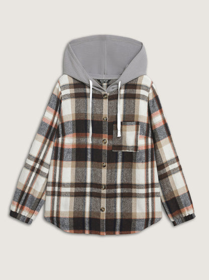 Plaid Print Textured Hooded Jacket