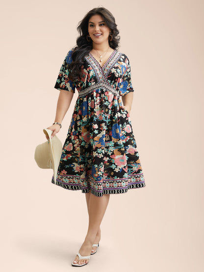 Boho Print Shirred V-Neck Flared Midi Dress