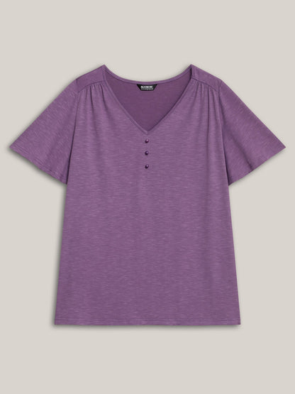 Bamboo Textured Pleated Shoulder Button T-Shirt
