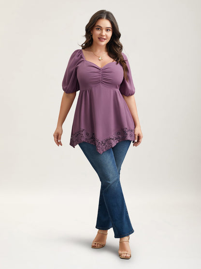 Sweetheart Neck Lace High-Low Hem Shirt
