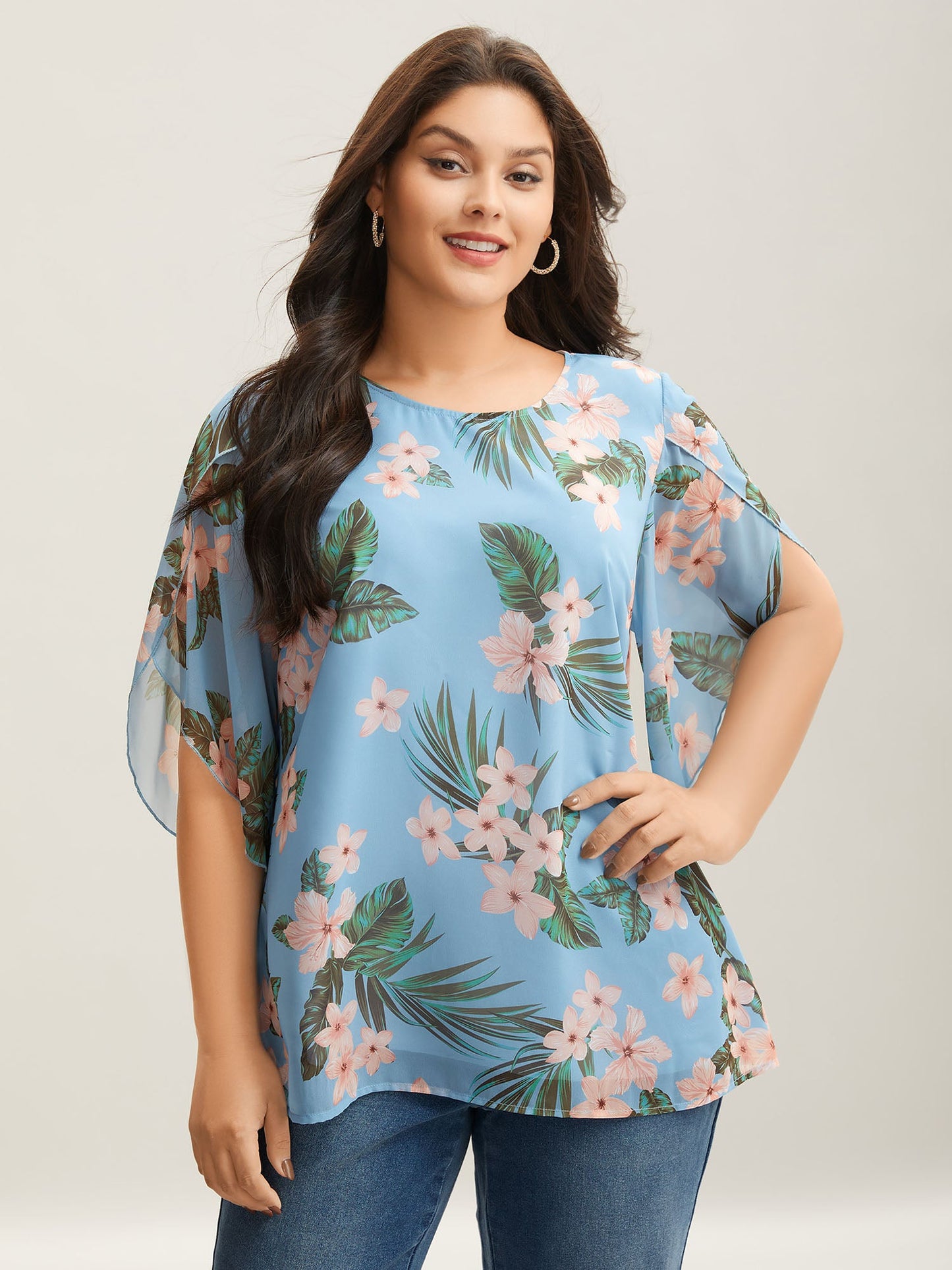 Petal Sleeve Floral Round Neck Shirt