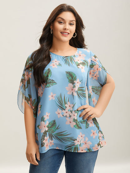 Petal Sleeve Floral Round Neck Shirt
