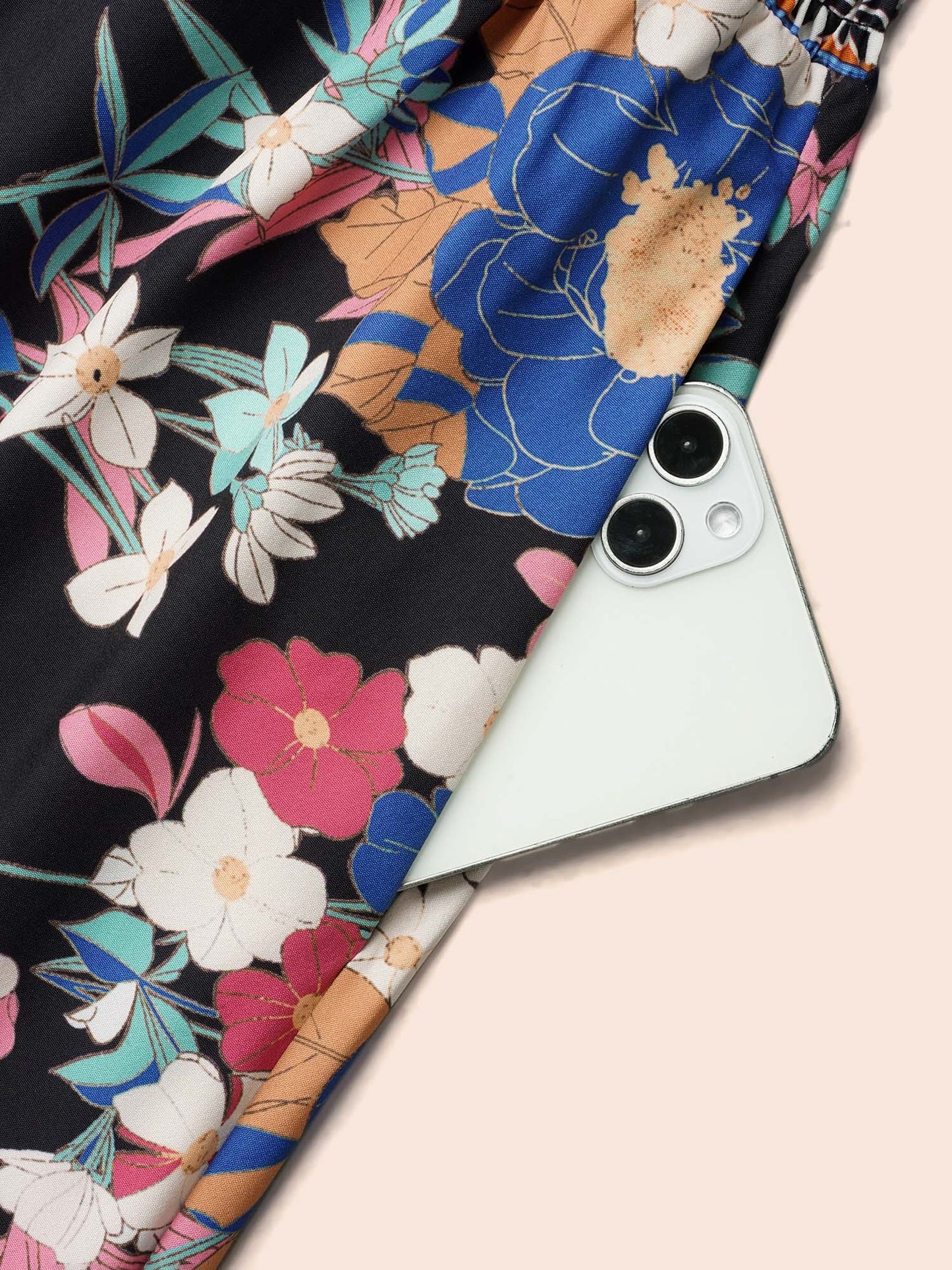 Boho Print Shirred V-Neck Flared Midi Dress