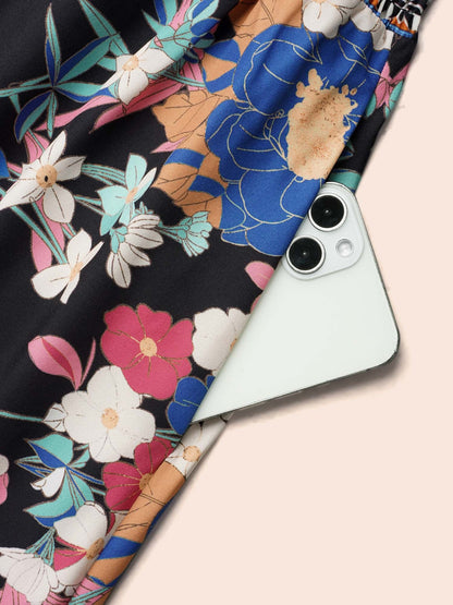 Boho Print Shirred V-Neck Flared Midi Dress