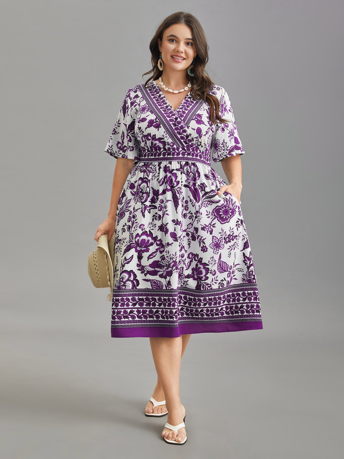 Floral Print Wrap-Neck Pocket Midi Dress