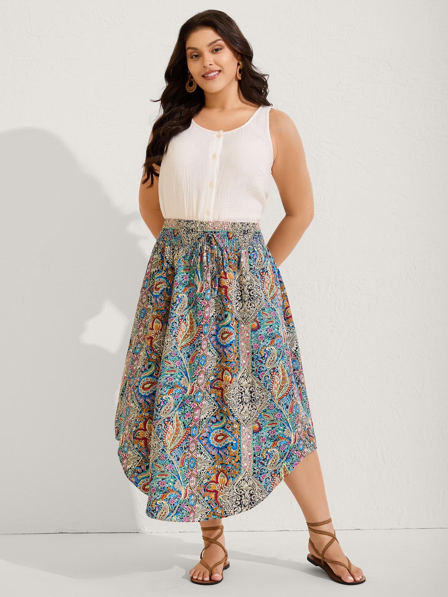 Boho Print Shirred Waist Midi Skirt