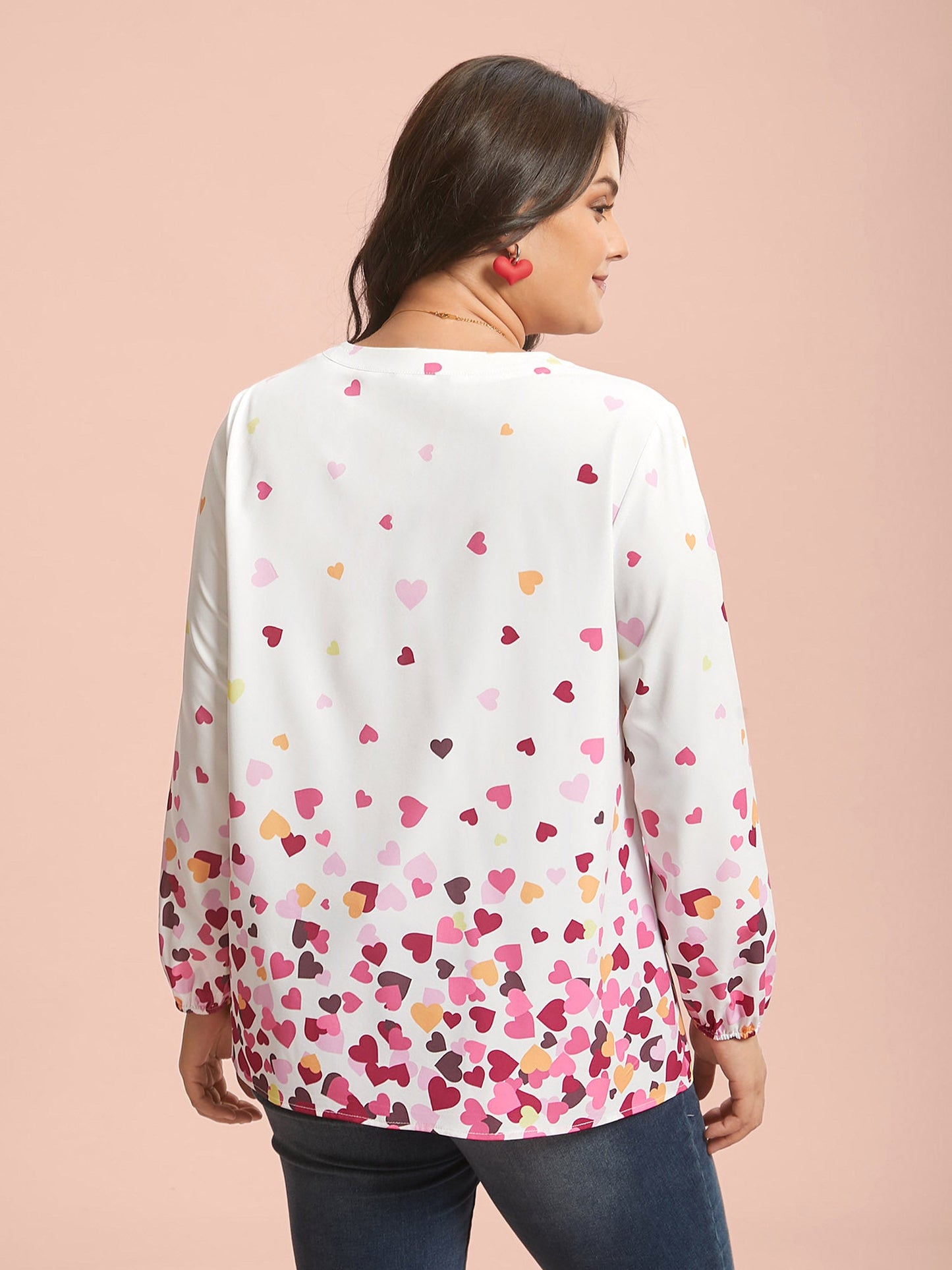 Notched Collar Multi-Color Hearts Blouse