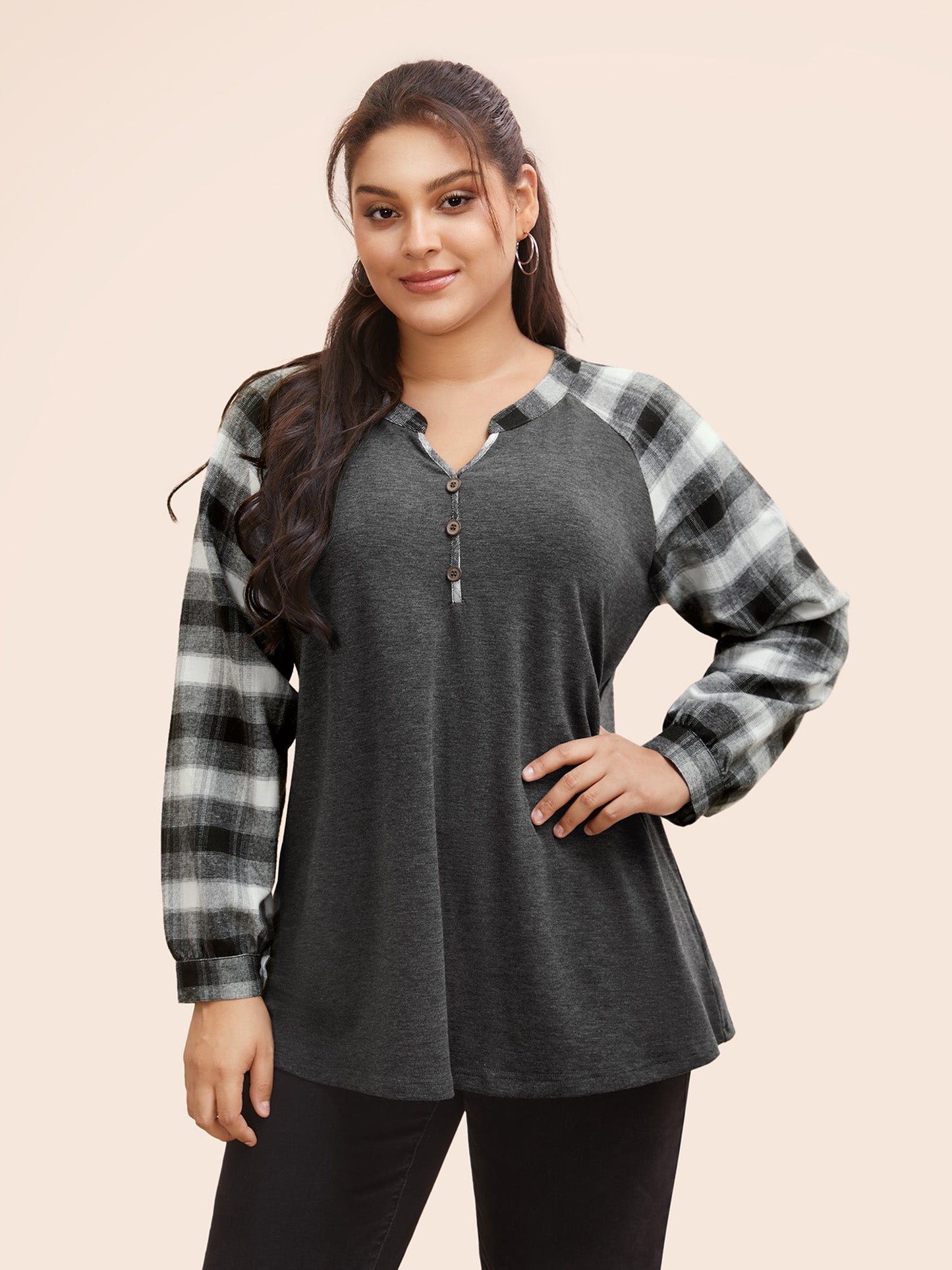 Plaid Patchwork Notched Button Detail Sweatshirt