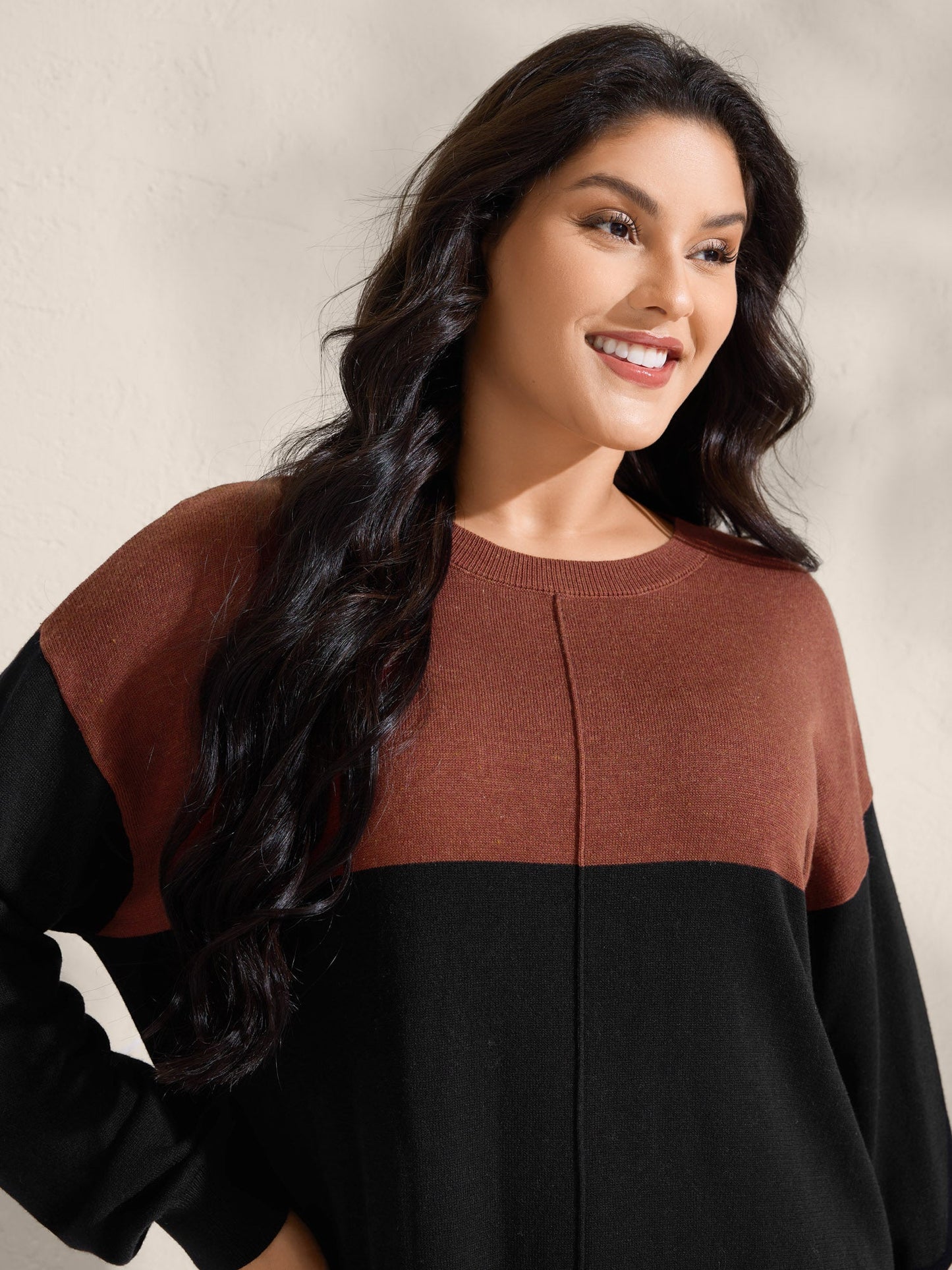 Supersoft Color Block Drop Shoulders Curvy Hem Pullover