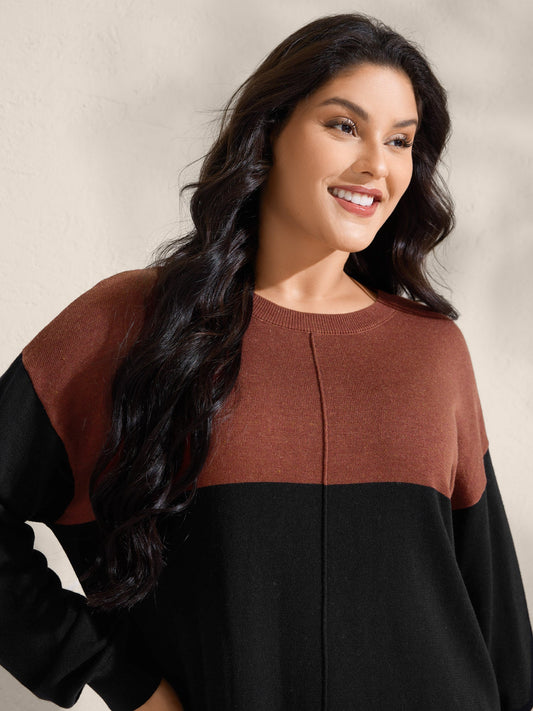 Supersoft Color Block Drop Shoulders Curvy Hem Pullover