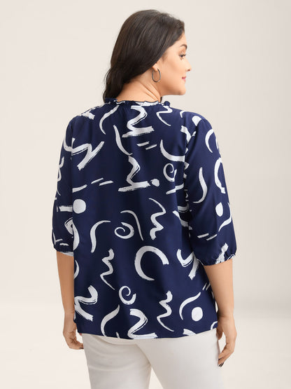 Scribble Print Ruffled Split Neck Blouse