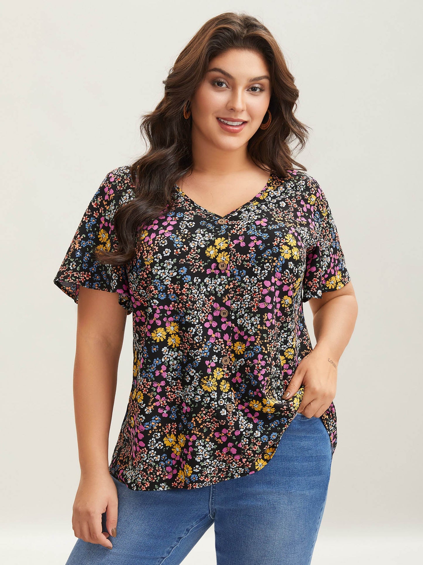 Floral Print V-Neck Flowy Blouse