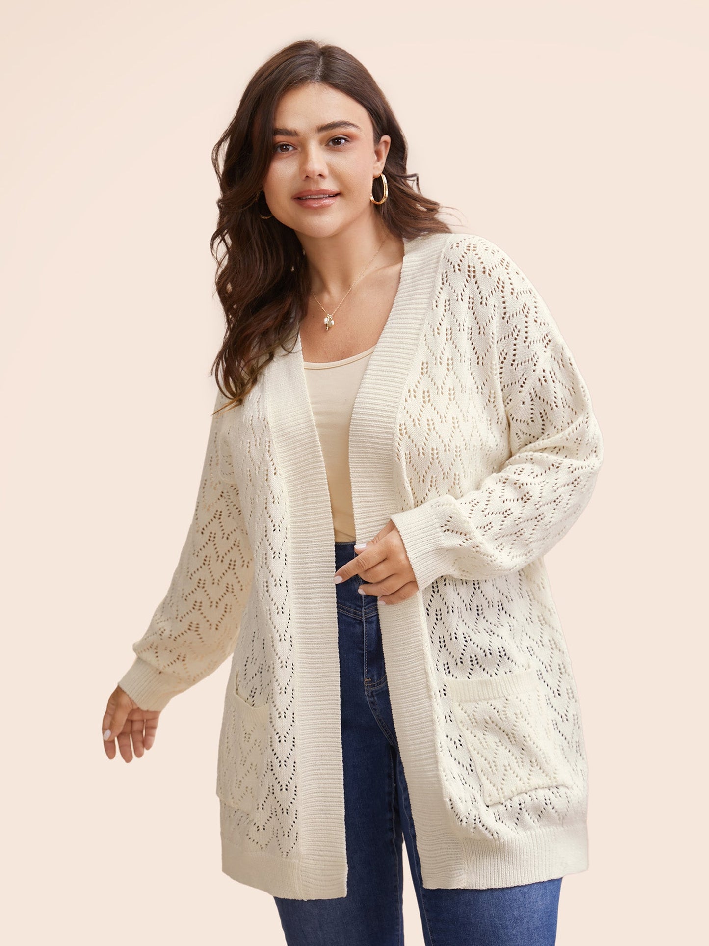 Kimono Collar Patch Pocket Pointelle Knit Cardigan