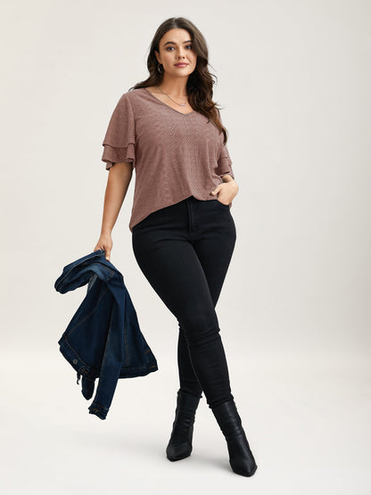 Jacquard Textured Lotus Leaf Sleeve Top