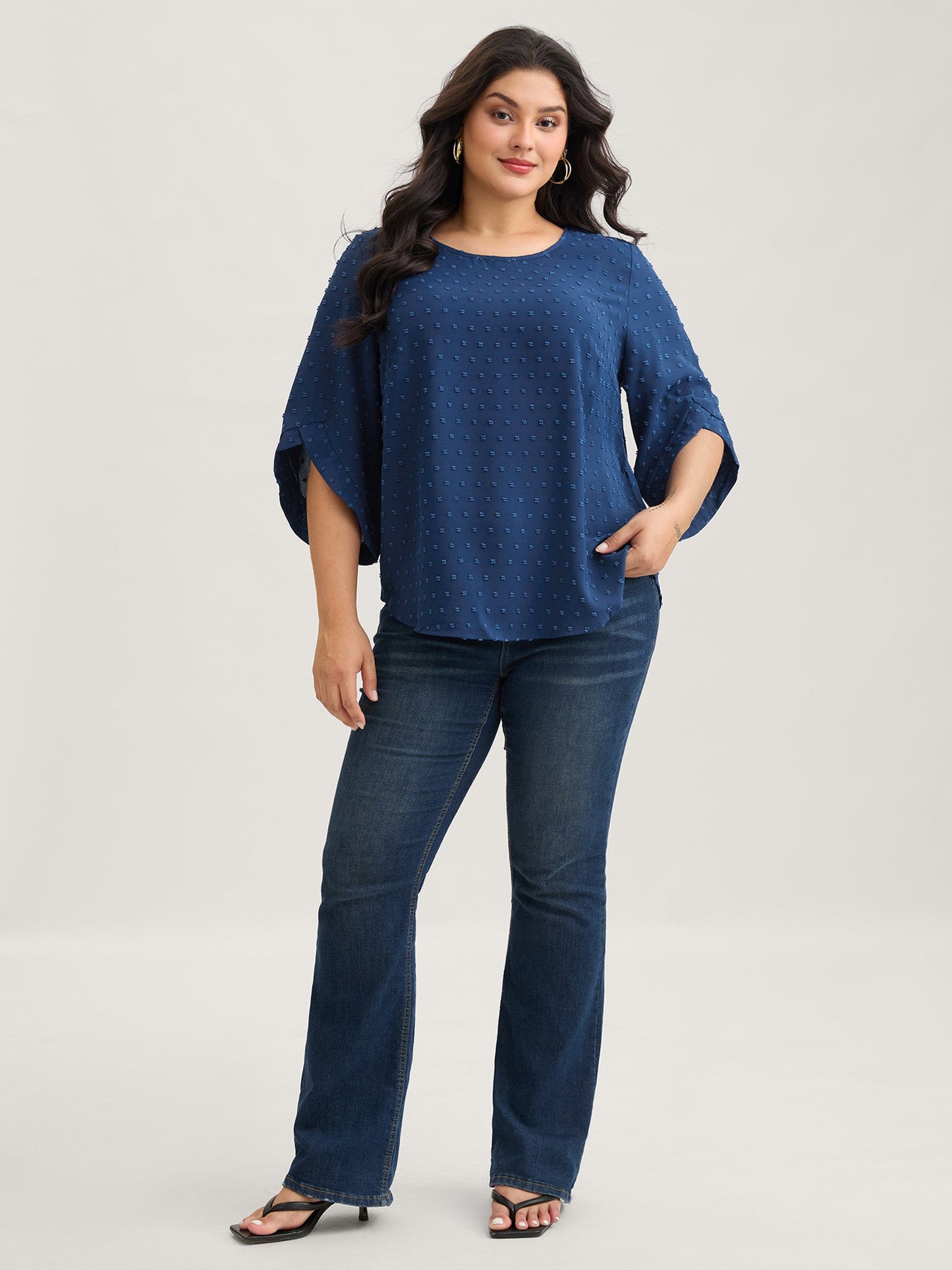 Textured Round Neck Bell Sleeve Blouse