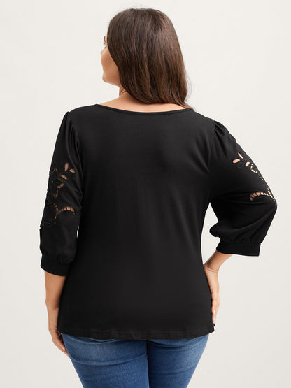 Cut-Out Embroidery Sleeve Solid T-Shirt