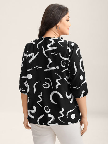 Scribble Print Ruffled Split Neck Blouse