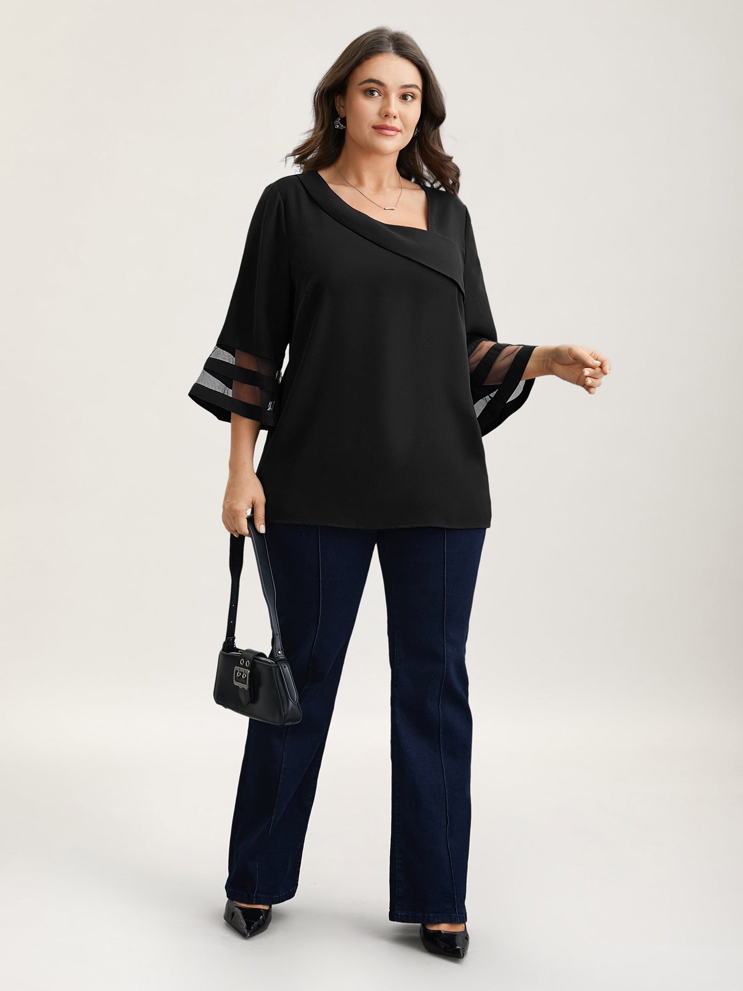 Sheer Sleeve Patchwork Asymmetrical Neckline Blouse