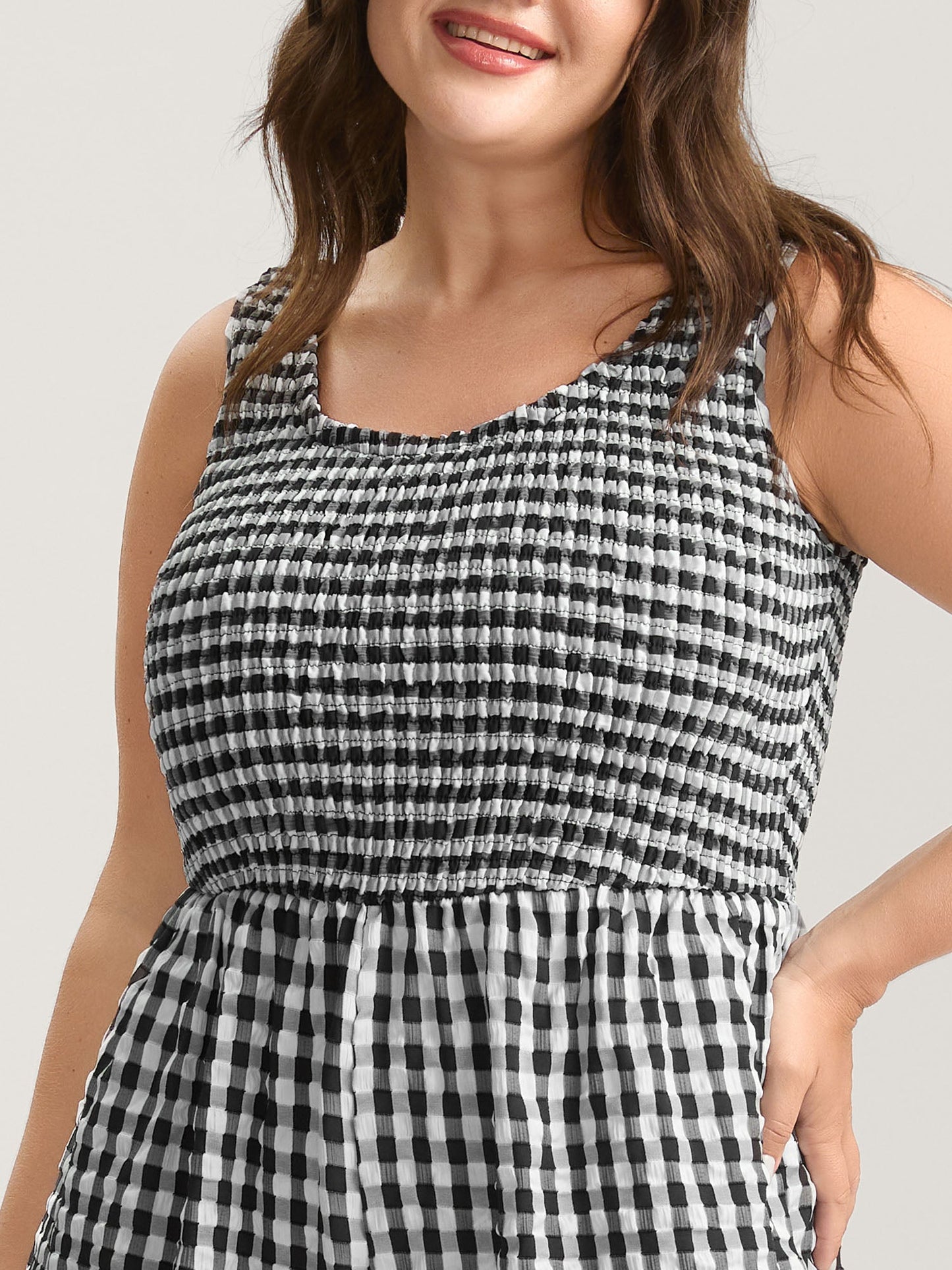 Gingham Print Shirred Straight-Leg Jumpsuit