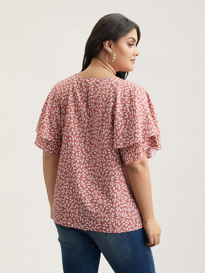 Ditsy Floral Print Tiered Lotus Leaf Sleeve Shirt