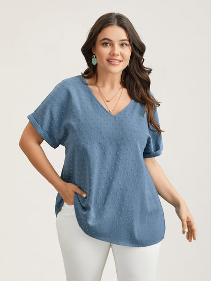 Back-Button Textured V-Neck Shirt