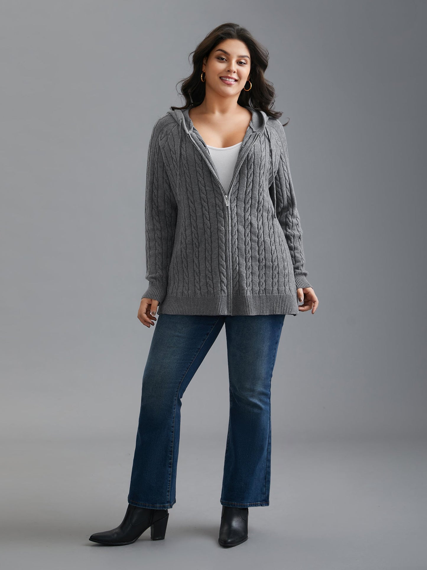 Cable Knit Hooded Zipper Cardigan